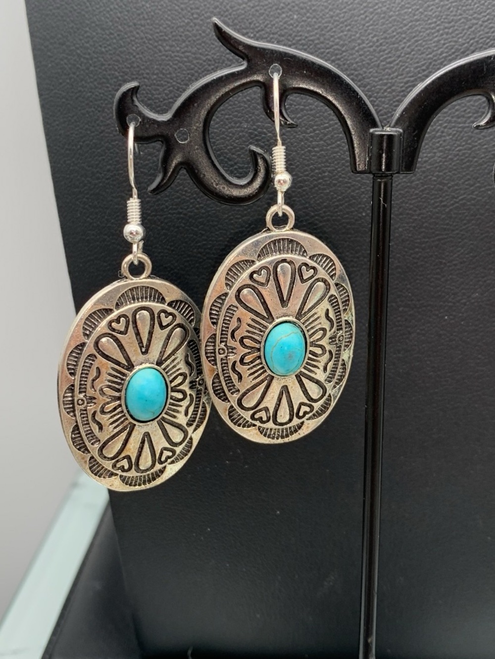 Faux Turquoise Center Silver-Tone Concho style Oval western Dangle Earrings